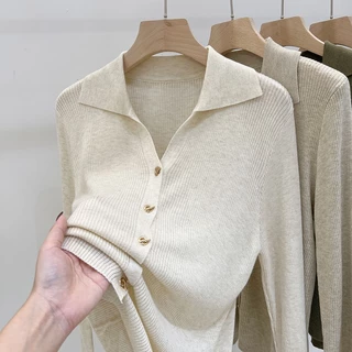 2023 Mới Mùa Xuân Giới Hạn Hàn Quốc Cổ Áo polo Dệt Kim Cardigan Nữ Dài Tay Sang Trọng Dệt Kim Áo Len Mỏng Hơn