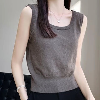 Áo Croptop Dệt Kim Sát Nách Cổ Chữ U Màu Trơn Thời Trang Mùa Hè Cho Nữ