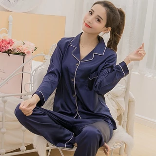 Váy Ngủ	Pyjama Đồ Ngủ Lụa Màu Trơn Cổ Bẻ Phong Cách Hàn Quốc Cho Nữ [luyoo32]