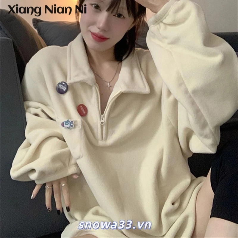 Xiang Nian Ni Áo sweater Mỏng Dáng Rộng Cổ POLO Họa Tiết Sọc Dọc Hợp Mùa Xuân Thu Dễ Phối Đồ