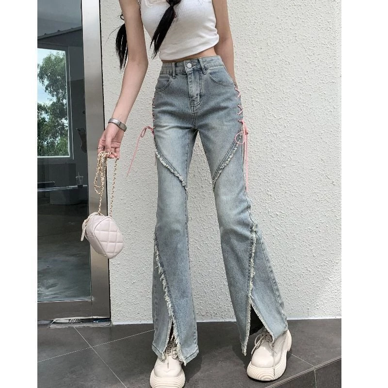 Quần jean thô thời trang mới dành cho bé gái với thiết kế quần jean bootcut khe hở quần tây xanh