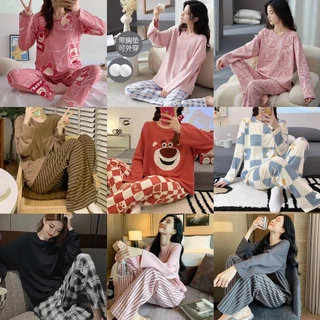 Autumn girls 'pyjama with chest pads long-leeved pants extra large plus fat pyjamas women's spring autumn pullover loungewear suits bộ đồ ngủ ở nhà của phụ nữ