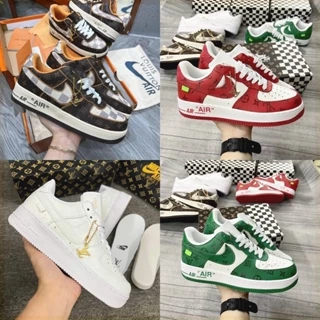 Giày thể thao AF1 LV trắng xanh đỏ nâu bản mới cao cấp, giày sneaker air force 1 low lv nam nữ full box C380