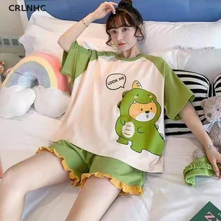 CRLNHC Bộ Đồ Ngủ 2 Món Áo Thun Tay Ngắn In Hoạt Hình + Quần Short Thời Trang Cho Nữ