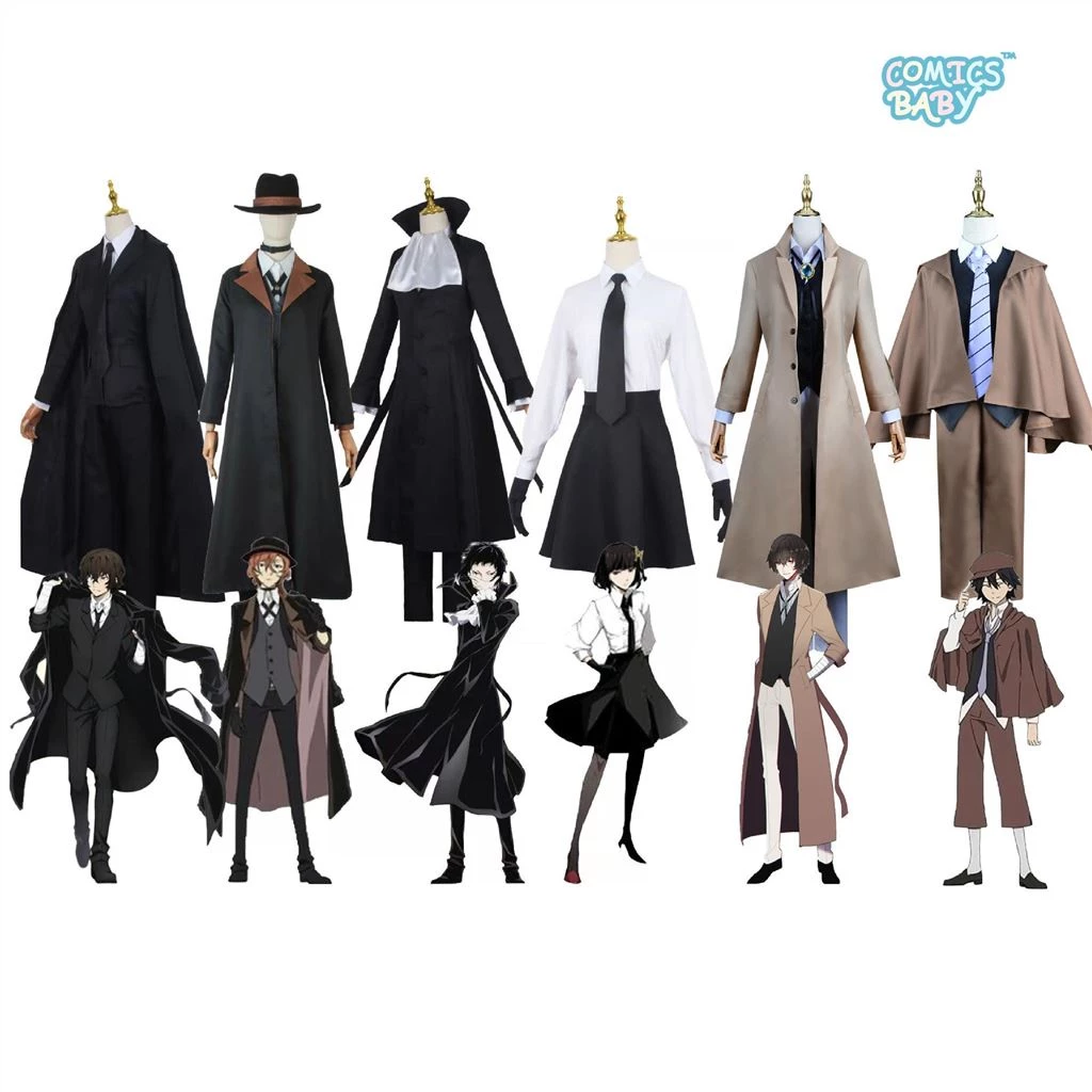 Anime Bungo Stray Dogs Cosplay Costume Chuya Nakahara Dazai Osamu Akiko Yosano Butterfly Ryunosuke Akutagawa Edogawa Rampo Nakajima Atsushi Jacket Hat wig Halloween Uniform Suit