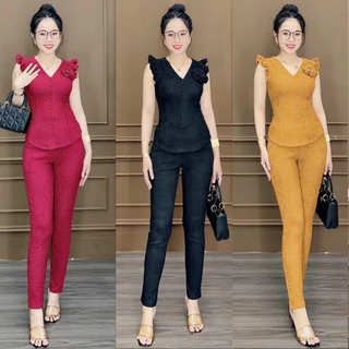 Set Đồ Bộ Xốp Áo Cổ V Tay Bèo Sát Nách Đính Hàng Nút Phối Quần Dài ôm Siêu Cưng , Hot , Đi Chơi Cực Xinh DB856283