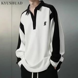 Kyushuad Áo sweater POLO Dáng Rộng Tay Lửng Thêu Họa Tiết Màu Tương Phản Có Khóa Kéo Nửa Cho Nam