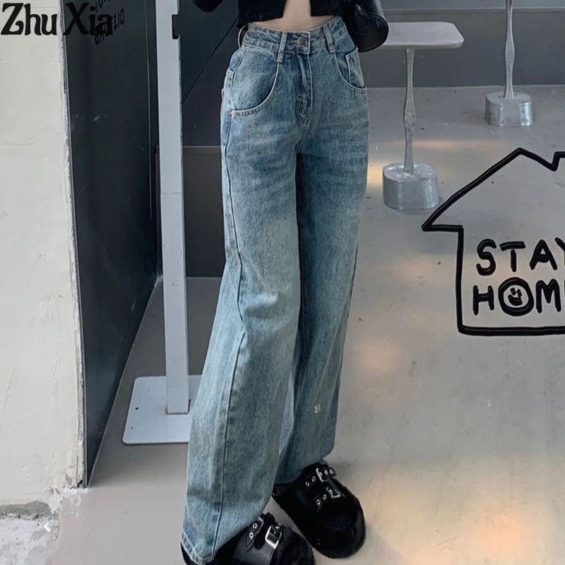 ZhuXia Quần Jeans Dài Lưng Cao Ống Rộng Phong Cách Vintage Cho Nữ