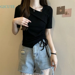 Gjcute mùa hè phụ nữ thời trang sang trọng dây rút không thường xuyên tay ngắn t-shirt slim crop top wtd