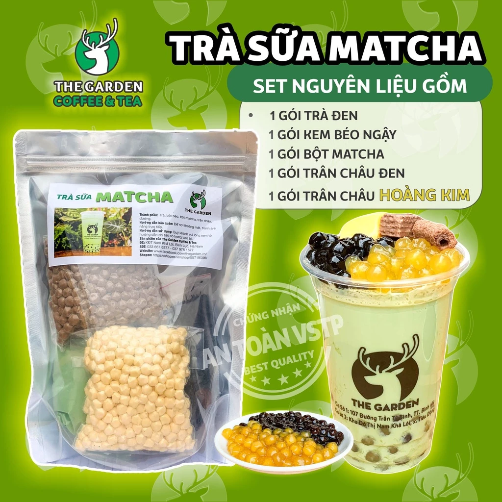 Set Trà Sữa Tự Pha Trân Châu Đường Đen  THE GARDEN, Nguyên Liệu Làm Trà Sữa Phúc Long, Matcha 10 vị 6-8 Ly