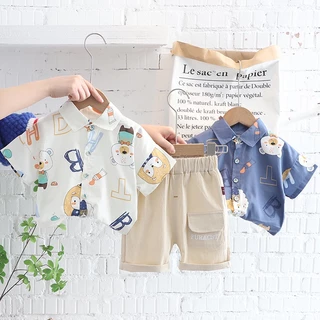 Set Áo Sơ Mi Ngắn Tay In Họa Tiết Dễ Thương + Quần Short Cotton Thời Trang Mùa Hè Cho Bé Trai