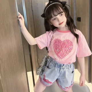 Bộ Áo Thun Tay Ngắn Màu Trơn In Hình Trái Tim Phối Quần Short Denim Thời Trang Mùa Hè Cho Bé Gái