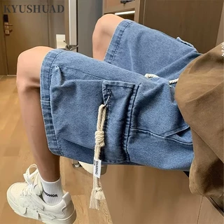 Quần Short Denim Mỏng Dáng Rộng Cỡ Lớn Phối Dây Rút Cá Tính Cho Nam