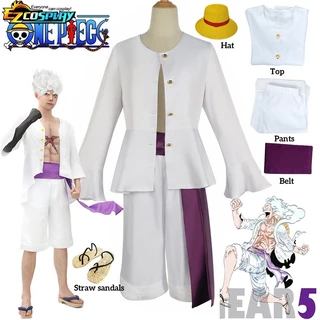 Luffy cosplay gear 5 nika luffy cosplay trang phục người lớn đàn ông quần áo trắng quần áo trên cùng mũ phù hợp với trang phục halloween bữa tiệc cho nam giới