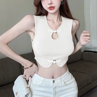 2023 Mới Hot Girl Phong Cách Quốc Gia Retro Khóa Ngắn Tay Top Với Ngực Miếng Lót Bên Ngoài Thiết Kế Không Đều Ống Top Áo Vest Nữ