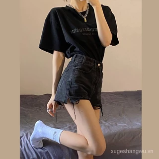 Quần Short Denim Lưng Cao Ống Rộng Thời Trang Xuân Hè Phong Cách Hong Kong Cho Nữ