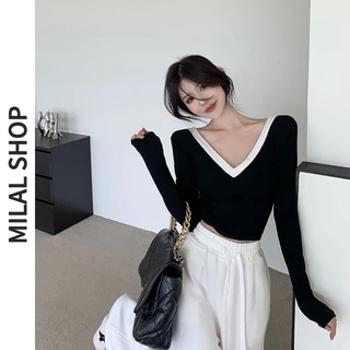 Áo Croptop Tay Dài Cổ Chữ V Màu Sắc Tương Phản Thời Trang Quyến Rũ Cho Nữ