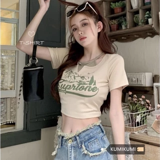 Áo thun nữ BH croptop cotton giả 2 lớp tay ngắn cổ tròn