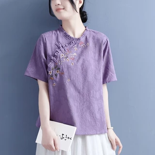 Áo Sơ Mi Vải Lanh Cotton Cổ Tròn Tay Ngắn Thêu Họa Tiết Thời Trang Mùa Hè 2023 Cho Nữ