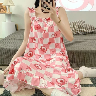 Đầm ngủ FDS hai dây dáng rộng họa tiết gấu dâu tây thời trang phong cách Nhật Bản dễ thương cho nữ