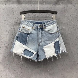 Quần Short Denim Ống Rộng Phối Màu Tương Phản Thời Trang Xuân Hè 2022 Mới Cho Nữ