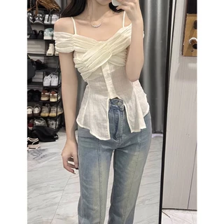 Áo Kiểu Trễ Vai Vải Chiffon Màu Be Thời Trang Quyến Rũ Cho Nữ