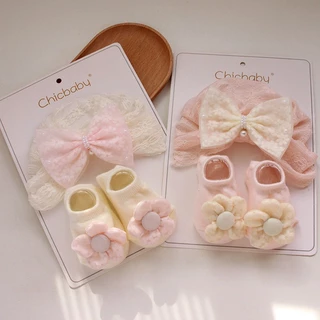 Set 2 Món Nón + Vớ Cotton Mềm Mỏng Đính Nơ Ren Hoa Dễ Thương Cho Bé Gái Sơ Sinh