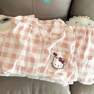 SANRIO Bộ Đồ Ngủ Ngắn Tay Dáng Rộng Họa Tiết Hello Kitty Thời Trang Mùa Hè Cho Nữ