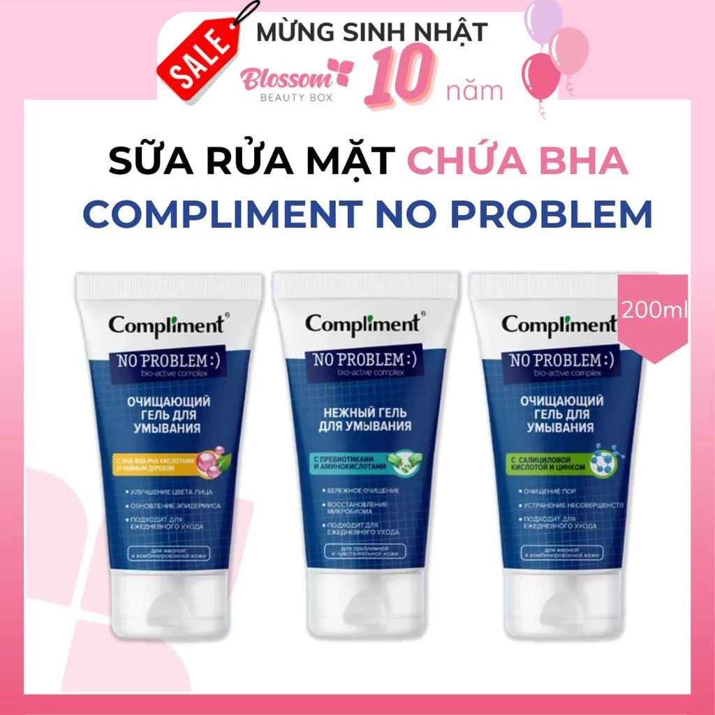 200ML Sữa rửa mặt BHA Compliment NO PROBLEM Prebiotics & Axit Amin, AHA - BHA - PHA, BHA & Zinc