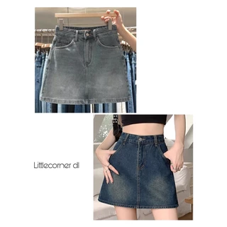 Chân váy kèm quần denim basic 2 màu ulzzang chân váy jeans chữ A kèm lót nữ