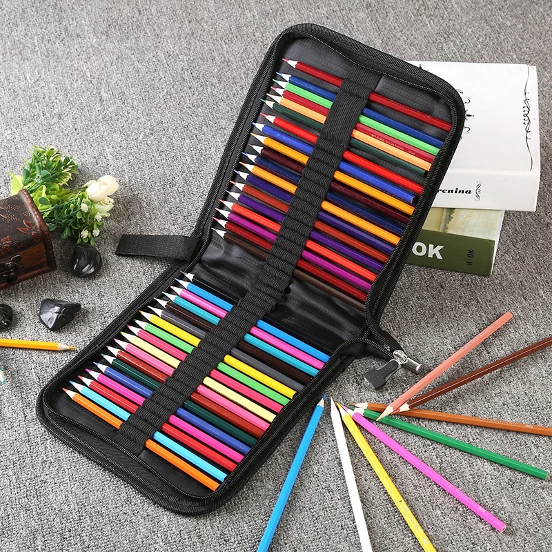 ANGEL MARK Túi Đựng Bút Chì 36 / 48 / 72 / 120 Bằng Vải Canvas Màu Đen Có Khóa Kéo Tiện Dụng