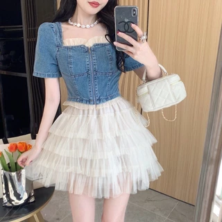 Bộ Áo Sơ Mi Denim Cổ Vuông Phối Chân Váy Ngắn Thời Trang Mùa Hè Cho Nữ