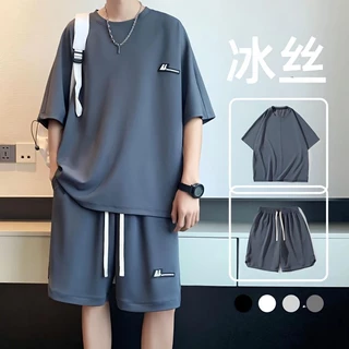 Áo thun lụa lạnh+quần short nam，bộ đồ，bigsize t shirt，oversize，áo thun form rộng，Set Áo Thun Tay Ngắn Và Quần short Thể Thao Thời Trang Mùa Hè Cho Nam，áo phông，，áo nam，quần đùi nam，quần ulzzang，thời trang nam，đen， trắng，xám，xanh lam