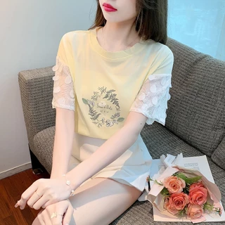 Sweet design niche pure cotton short-sleeved t-shirt váy mùa hè của phụ nữ 2023 phong cách mới sang trọng khâu ngắn tay top 3m8i