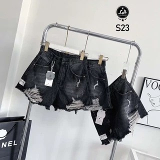 Quần short jean nữ màu xám đen cạp cap rách lai có tag Lê Huy Fashion MS S23