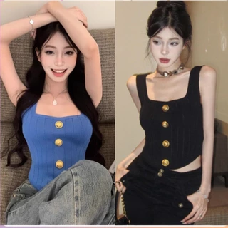 Áo ba lỗ đuôi tôm dệt kim len, áo ba lỗ nữ dáng croptop đính khuy đồng sang chảnh hàng order Taobao nhà DILYS CHIC