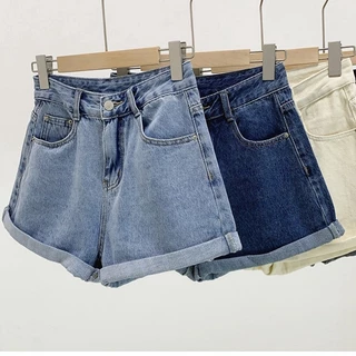 Quần short denim chất lượng cao dành cho phụ nữ hàn quốc ống rộng vừa vặn với xu hướng quần ngắn ống rộng uốn cong