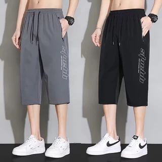 M-5xl 2023 Mới Nam Đen Xám Crop 3 / 4 Quần Jogger 2 Mặt Dây Kéo Túi Thường Ngày Lloose Ice Silk Quá Khổ Thẳng Plus Kích Thước