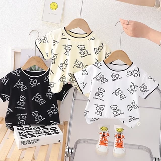 Áo Thun Cotton Cổ Tròn Tay Ngắn In Hình Gấu Hoạt Hình Dễ Thương Thời Trang Mùa Hè Cho Bé Trai Và Gái