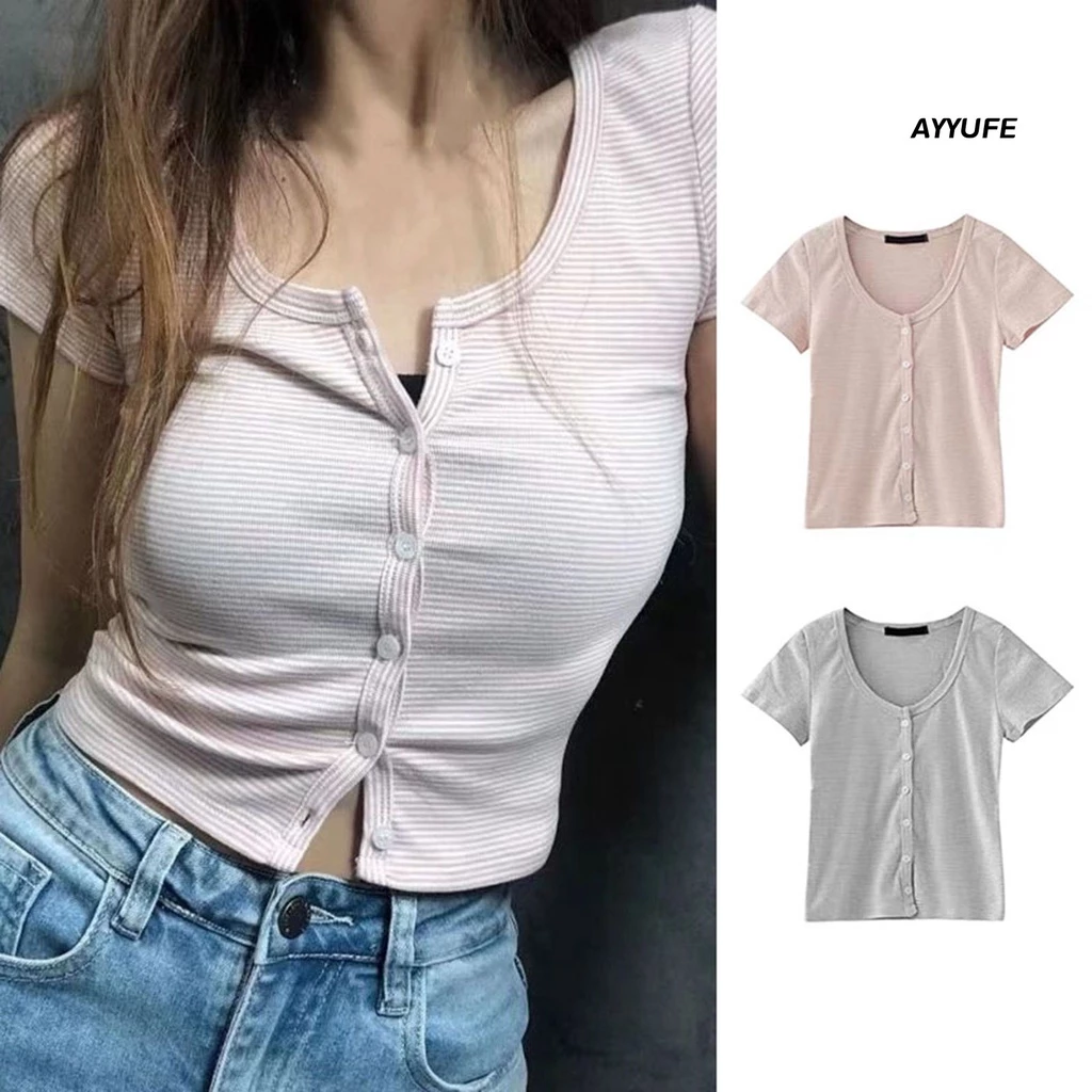 Áo thun nữ AYYUFE dáng croptop hở eo mềm mại ôm vừa vặn hàng nút đơn tay ngắn cổ V kẻ sọc vintage