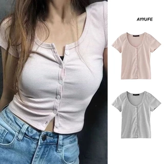 Áo thun nữ AYYUFE dáng croptop hở eo mềm mại ôm vừa vặn hàng nút đơn tay ngắn cổ V kẻ sọc vintage