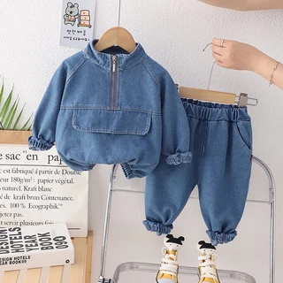 Bộ Áo Sơ Mi Cotton Denim + Quần Dài Thời Trang Xuân Thu Cho Bé Trai