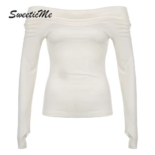 Sweeticme women's 2023 new fashion solid color long sleeve off shoulder causal t-shirt