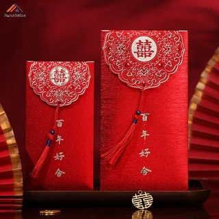 1 Thiệp Cưới Đỏ May Mắn Nhân Vật Đôi Xi Angpao Với Tua Rua Đỏ