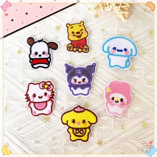 ♚ Miếng Dán Ủi Quần Áo Hình Kuromi / Melody / Hello Kitty / Cinnamoroll / Pom Pom Purin / Pochacco / Winnie ♚ 1 Sticker Ủi Thêu Hình Huy Hiệu