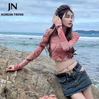 JNstudioÁo Thun Croptop Tay Ngắn Cổ Tròn In Họa Tiết Xinh Xắn Cho Nữ 061502