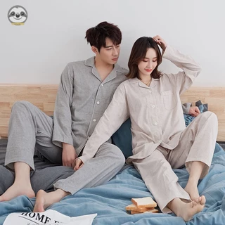 Phong Cách Muji Nhật Bản Đơn Giản / Áo Len Loungewear / Đồ Ngủ Cotton Hai Sợi Dài Tay Liền Mạch / Cặp Đôi Thoải Mái