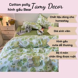 Bộ chăn ga gối hình gấu Cici Decor chất cotton polly dễ thương trang trí phòng gồm 4 món có vỏ chăn