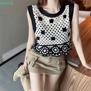 Áo Crop Top Dệt Kim Không Tay Cổ Tròn Thêu Hoa Rỗng Kiểu Retro Thời Trang Mùa Hè Cho Bạn Gái