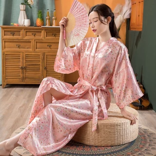 Áo Choàng Tắm Kimono Vải Lụa Lạnh Quyến Rũ Cho Nữ